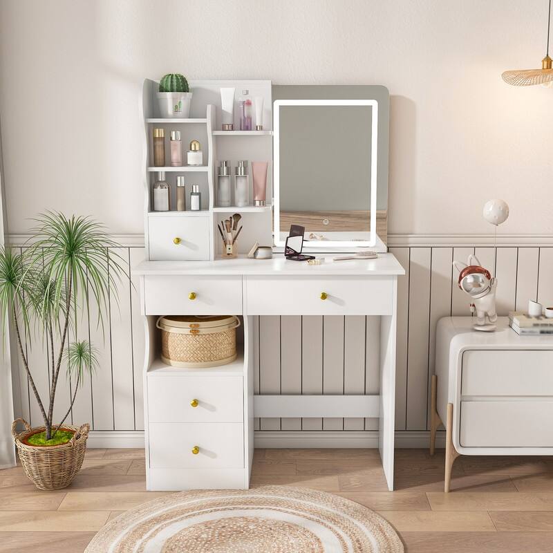 Vanity Desk with Sliding Mirror and Lights White Makeup Vanities with 5 Drawers ，movable and hidden mirror