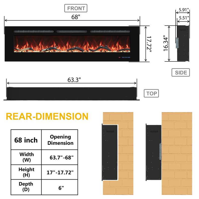 Electric Fireplace Inserts, Wall Mounted with 13 Flame Colors, Thermostat in Black