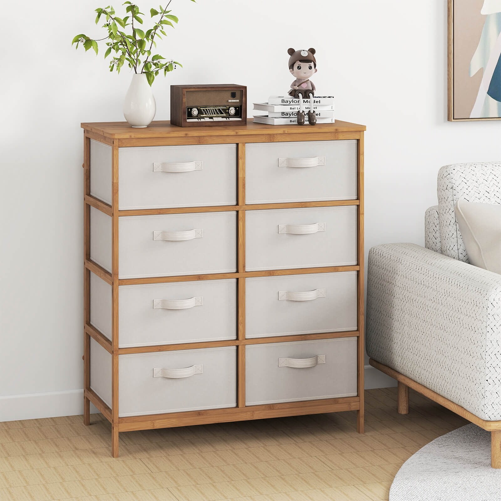 Bamboo Storage Tower with Foldable Fabric Drawers and Top Shelf-Beige