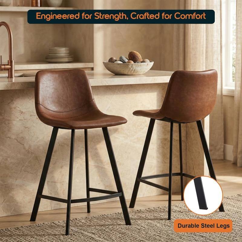 Elland Modern Minimalist Leather Upholstered Bar Stool with Accent Black Metal Base and Back Support for Home Bar or Kitchen