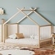 preview thumbnail 1 of 18, Montessori House-shape Bed Frame for Kids Toddler Floor Bed with Fence Headboard Footboard, Low Wooden Tent Bed Without Slats Natural - Twin