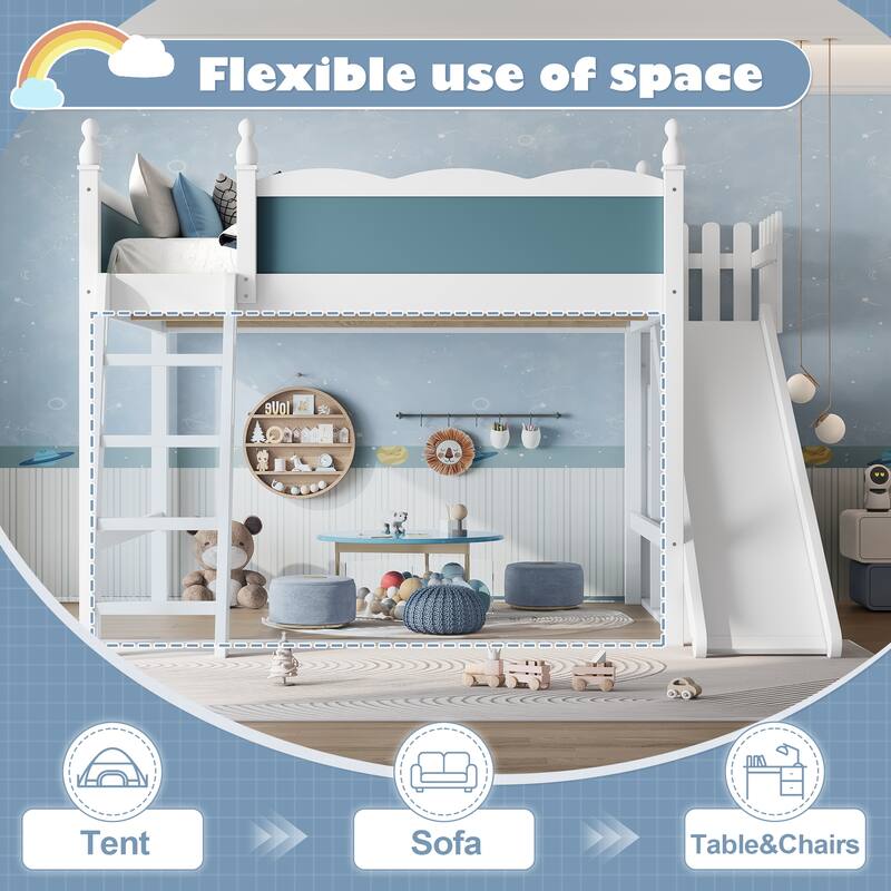Modern High Loft Beds with Full Length Guardrails, Solid Wood Storage Loft Bed Frame with Detachable Slide and Ladders