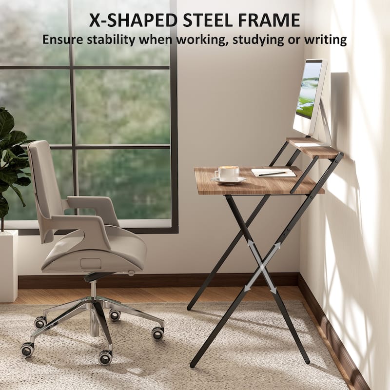 Folding Desk with Monitor Shelf Compact Space Saving Workstation for Home Office