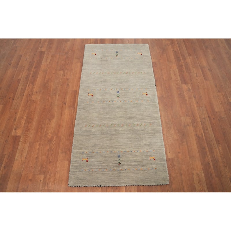 Hand Knotted Oriental 100% Wool Carpet Tribal Animal Pictorial Beige & Ivories Gabbeh Runner Rug - 4' 8'' X 2' 4''