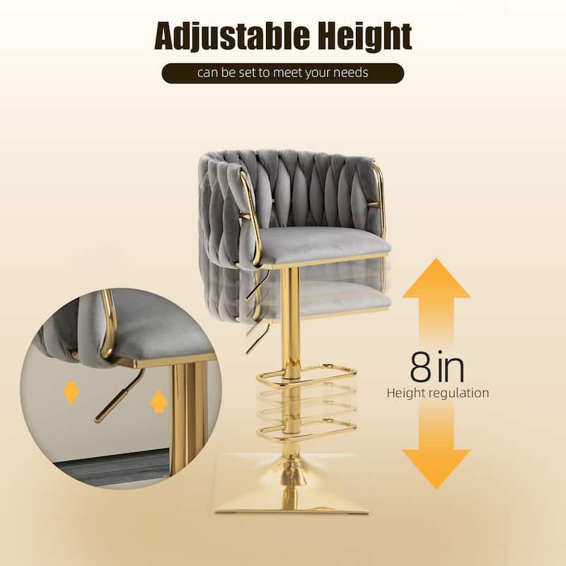 Velvet Upholstered Swivel Adjustable Height Bar Stools With Metal Footrest（set of 2）