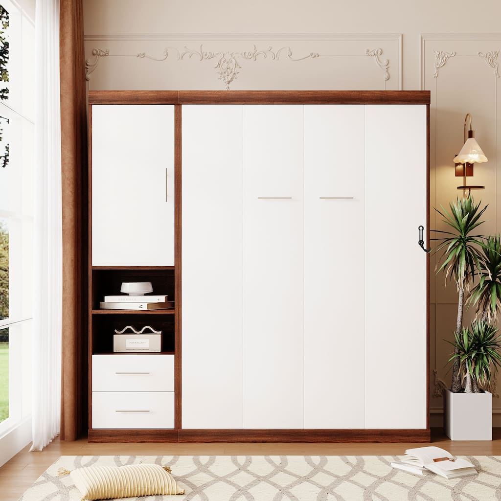 Roomfitters Full Size Murphy Bed with Cabinet and Shelves, Foldable Wall Bed for Multipurpose Rooms, White
