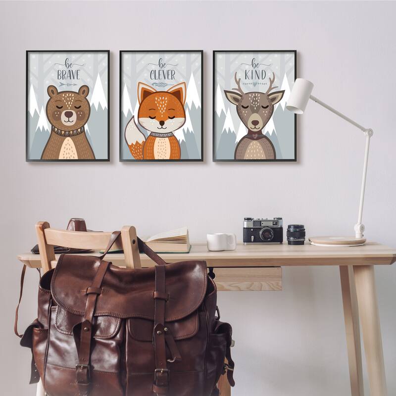 Stupell Be Kind Brave and Clever Phrases Forest Animal, 3pc Multi Piece Framed Wall Art Set
