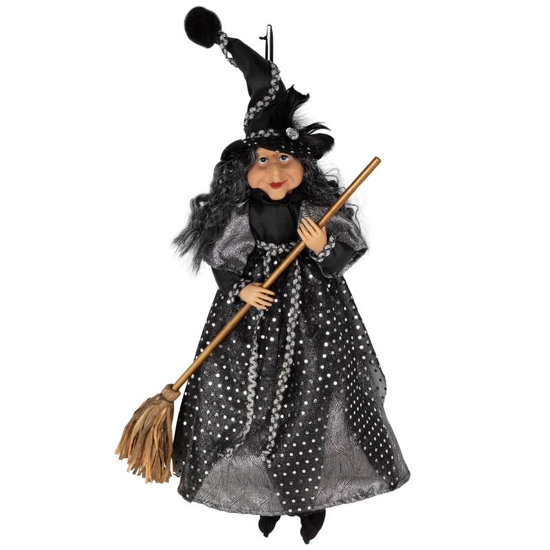 Witch with Broom Hanging Halloween Decoration - 18" - Black and Silver