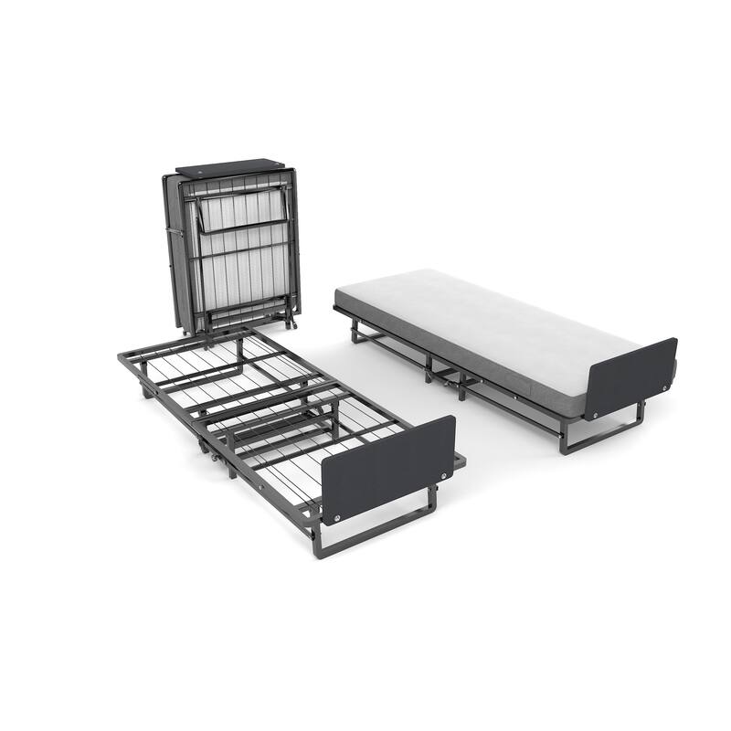 Twin Metal Foldable Bed with Foam Mattress & Castors