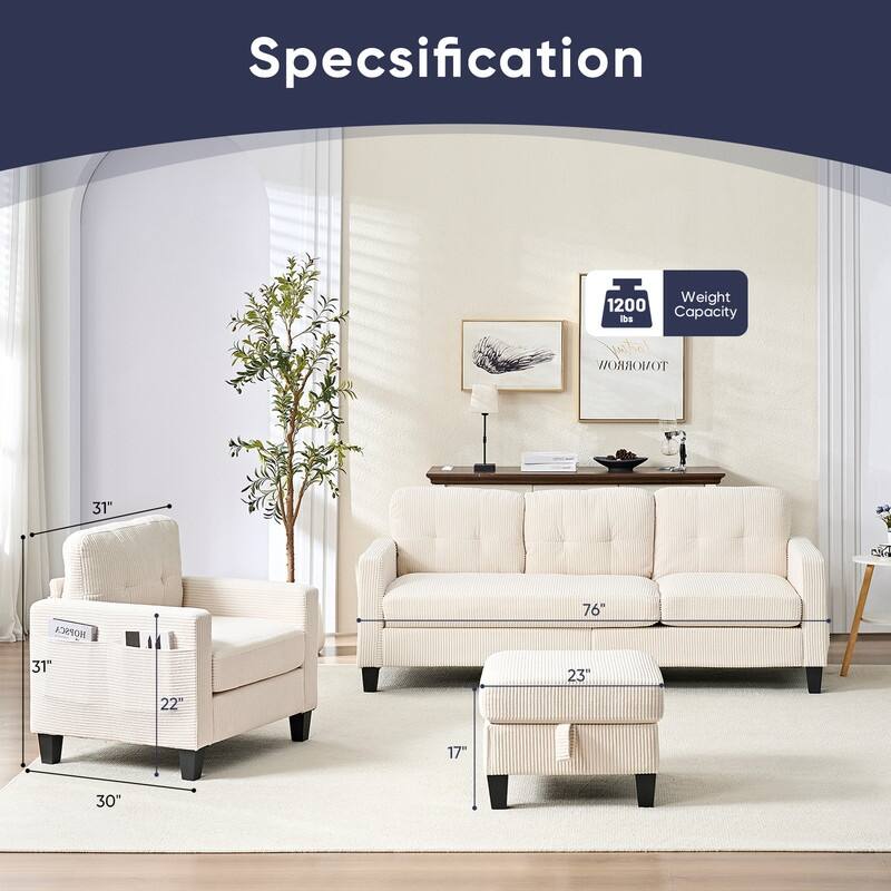 Mixoy 76'' L-Shaped Sofa Set,Corduroy Sectional Sofa,Mid Century 3-Seater Sofa with Storage Ottoman/Loveseat/Single Sofa
