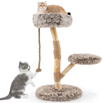Natural Pear Wood Cat Tree with Plush Tower and Multi-Level Platform Jute Scratching Posts
