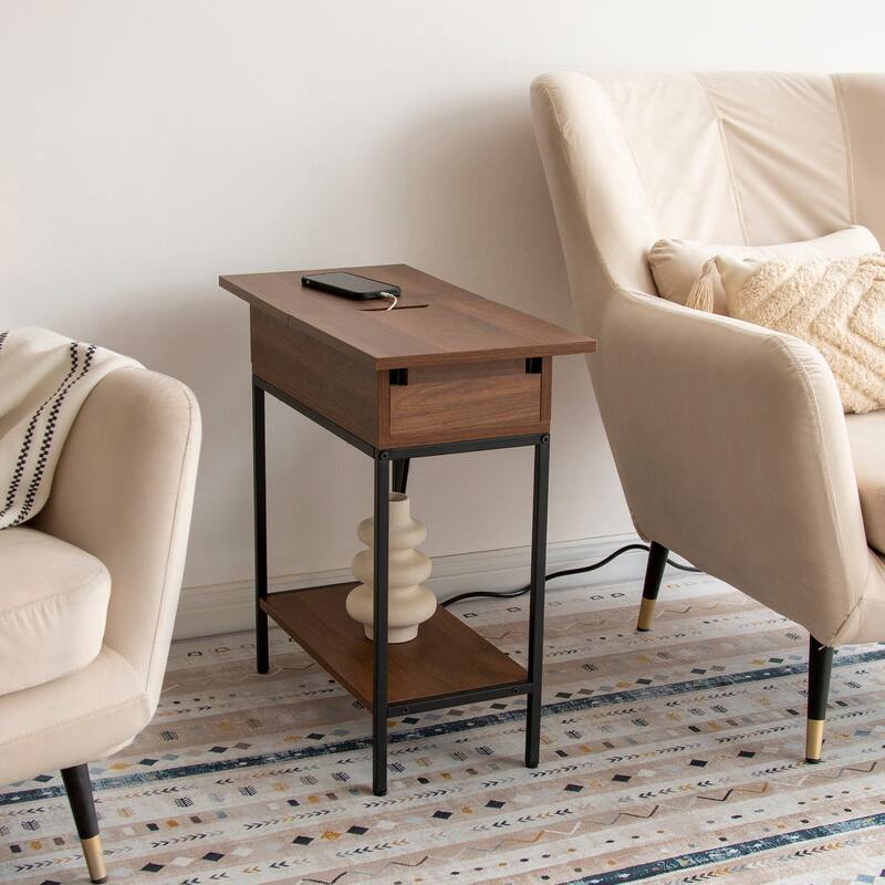 Flip Top Narrow End Table with Storage and Built-In Outlets, Small Side Table