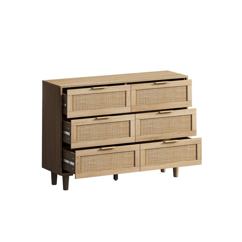 43.31" Rattan Storage Sideboard Cabinet with 6 Drawers,Natural - Brown