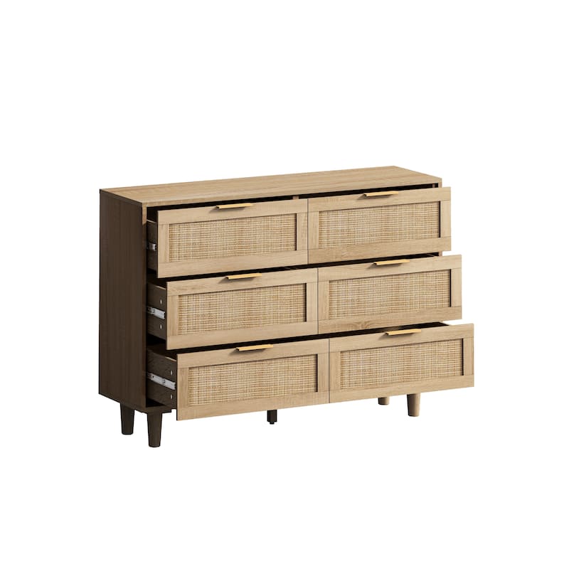 Wood Rattan Dresser with 6 Drawers, Modern Large Storage Cabinet