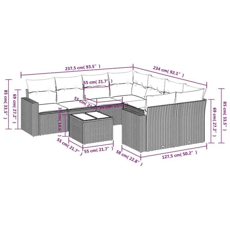 vidaXL Patio Sofa Set with Cushions Outdoor Furniture 9 Piece Poly Rattan - 25.8" x 24.4" x 27.2"