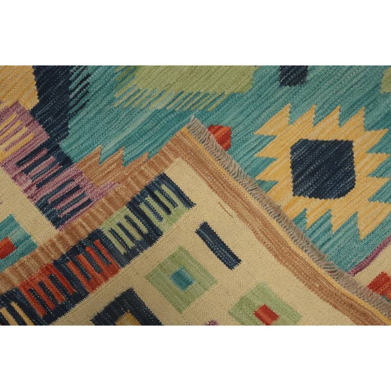 Hand Woven Oriental 100% Wool Carpet Southwestern Tribal Navy Blue & Blues Kilim Area Rug - 9' 9'' X 6' 7''