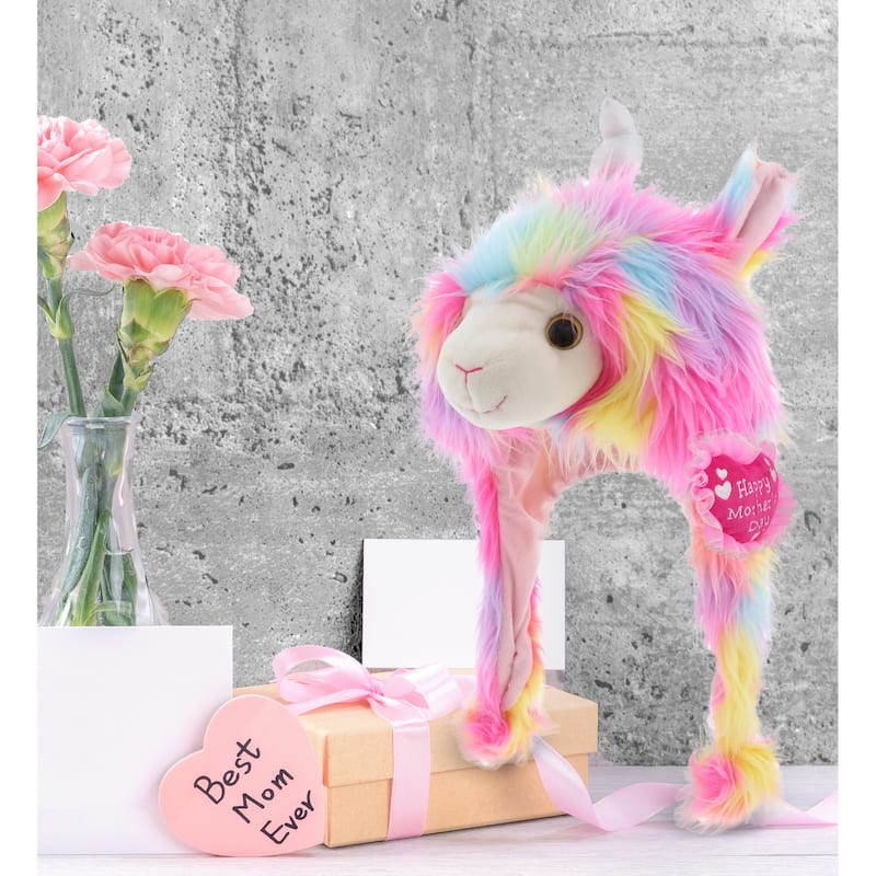 DolliBu Happy Mother’s Day Super Soft Rainbow Llamacorn Plush Hat - 16.5 inches