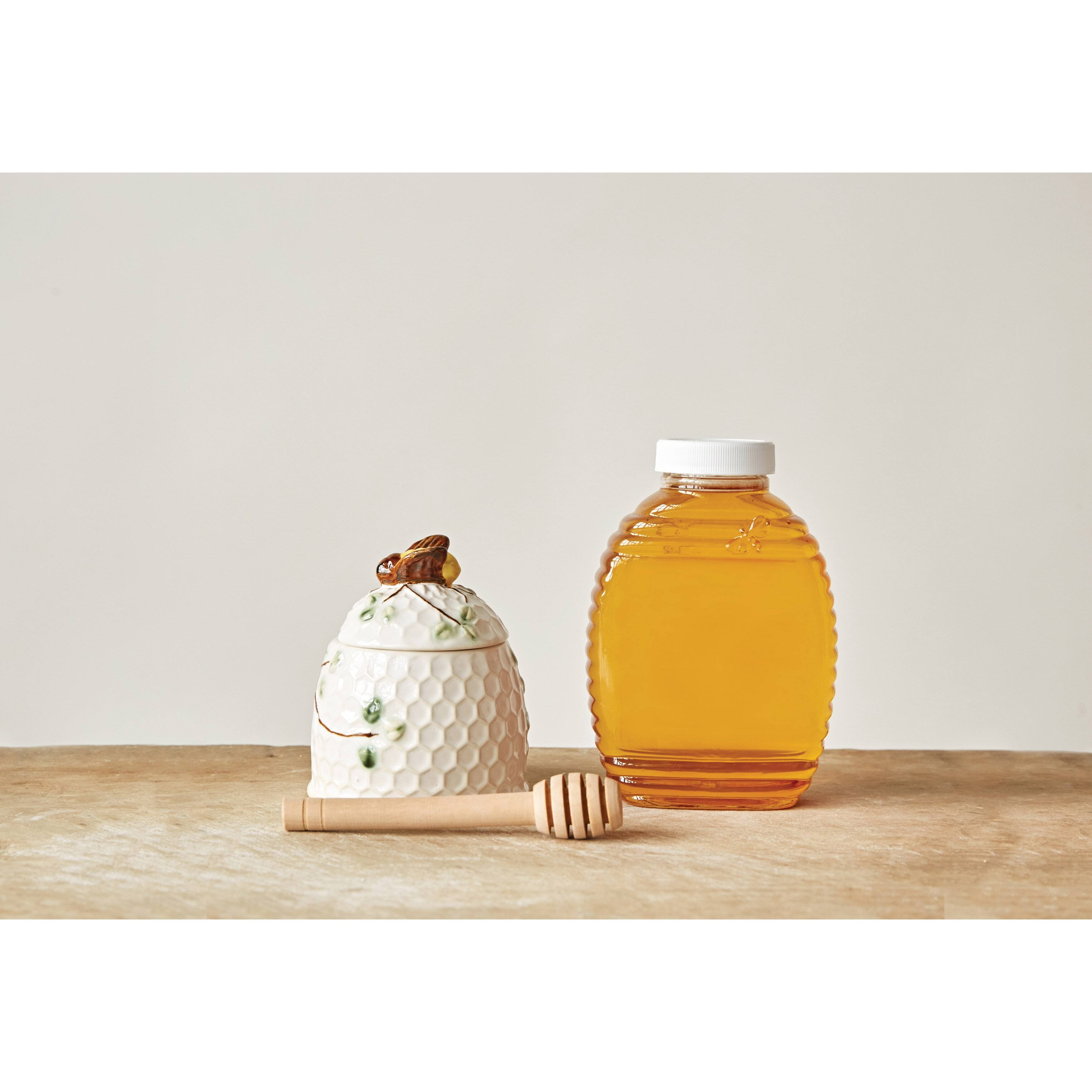 Stoneware Honey Jar with Lid & Wood Honey Dipper (Set of 2 Pieces) On