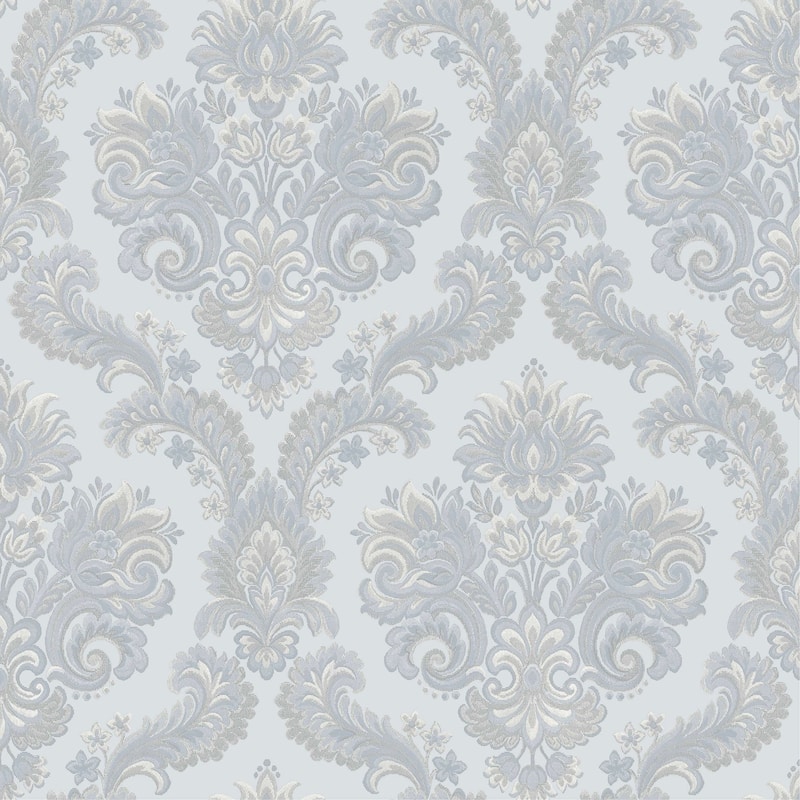 Galerie Wallcoverings Italian Style Traditional Floral Damask Vinyl on Non-woven Wallpaper Roll - 33 feet x 21 inches - Light Blue