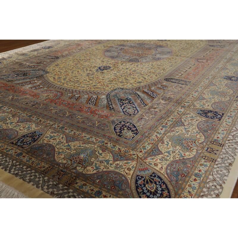 Hand Knotted Oriental 100% Silk Carpet Traditional Floral Yellow & Gold Qum Area Rug - 10' 2'' X 6' 5''