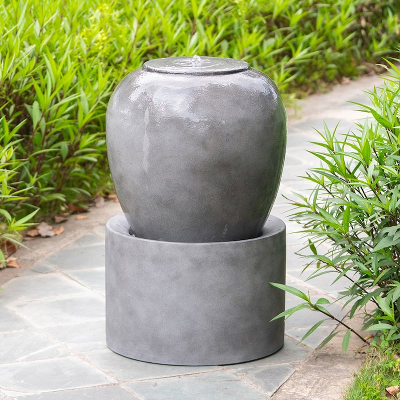 19.5x19.5x32.5" Heavy Outdoor Cement Fountain Black, Cute Unique Urn Design Water feature For Home Garden, Lawn, Deck & Patio