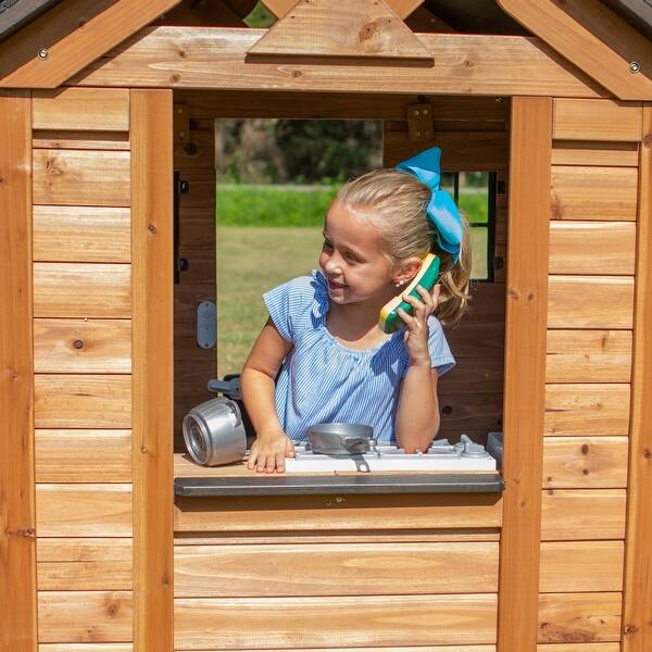 Backyard Discovery Sweetwater Wooden Playhouse On Sale Overstock 31608502 The woodland playhouse from leisure time products is full of country styling and play features that the kids will love! backyard discovery