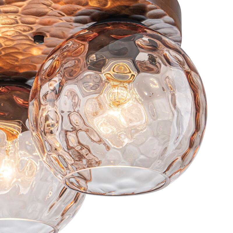 3-Light Rustic Wood Flush Mount Ceiling Light with Textured Amber Glass Shades - Dia.16.54-in