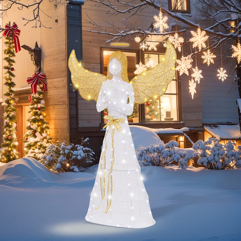 Golden Wing Angel Christmas Decoration With Light - White