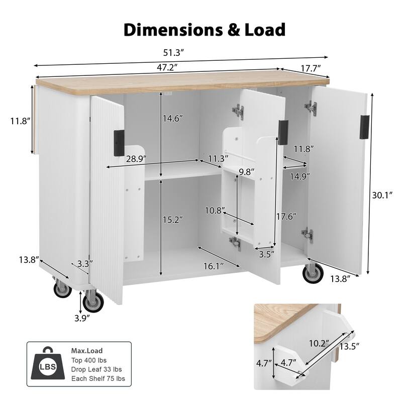 Farmhouse 51" Fluted Kitchen Island with Drop Leaf and Internal Storage Rack