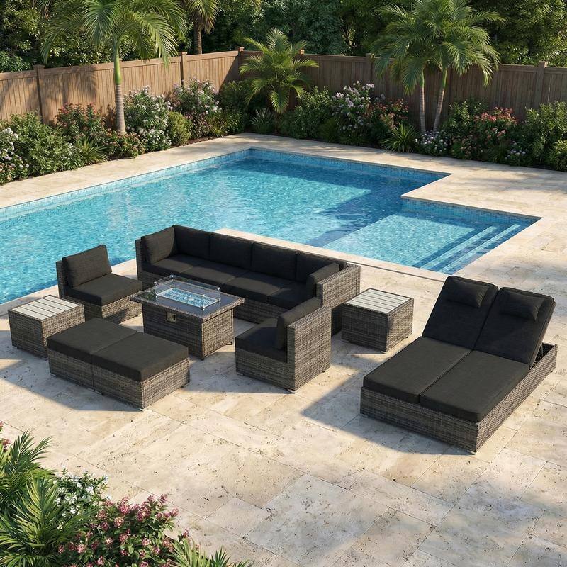 Outdoor Sectional Conversation Set PE Wicker with Double Chaise Lounge, 60,000 BTU Fire Pit Table - 10-Piece/Table - Black
