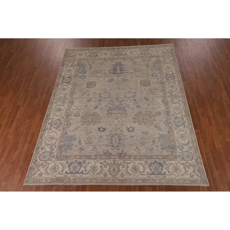 Floral Beige Oushak Turkish Area Rug Hand-Knotted Wool Carpet - 7'8"x 9'7"