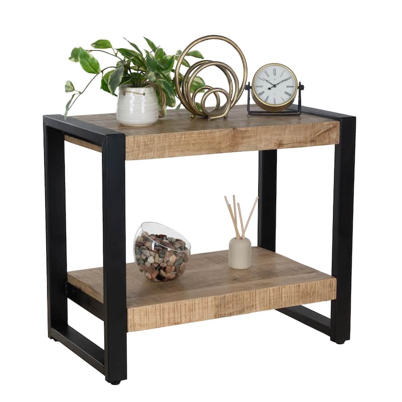 27.5" Mango Wood End Table with Shelf and Black Metal Frame