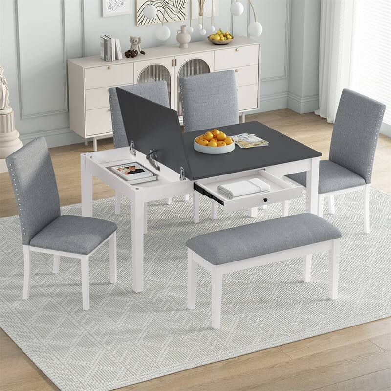 Farmhouse Dining Table Set,w/Storage Table,Storable Bench&Chairs,6 PCS - Grey