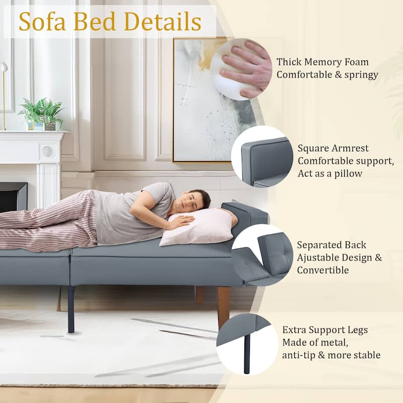68 in. Twin Size Convertible Sofa Bed Couch w/ Tufted Adjustable Backrest, 5 Colors Optional - 22.44"D x 68.11"W x 28.74"H