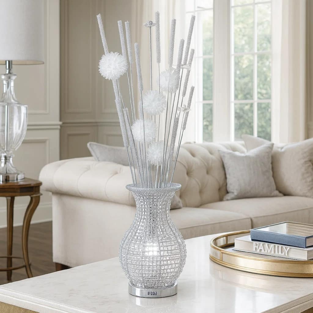 63 Inch Floor Lamp, Flower Vase Design, Wire Base, Metal, Chrome Finish