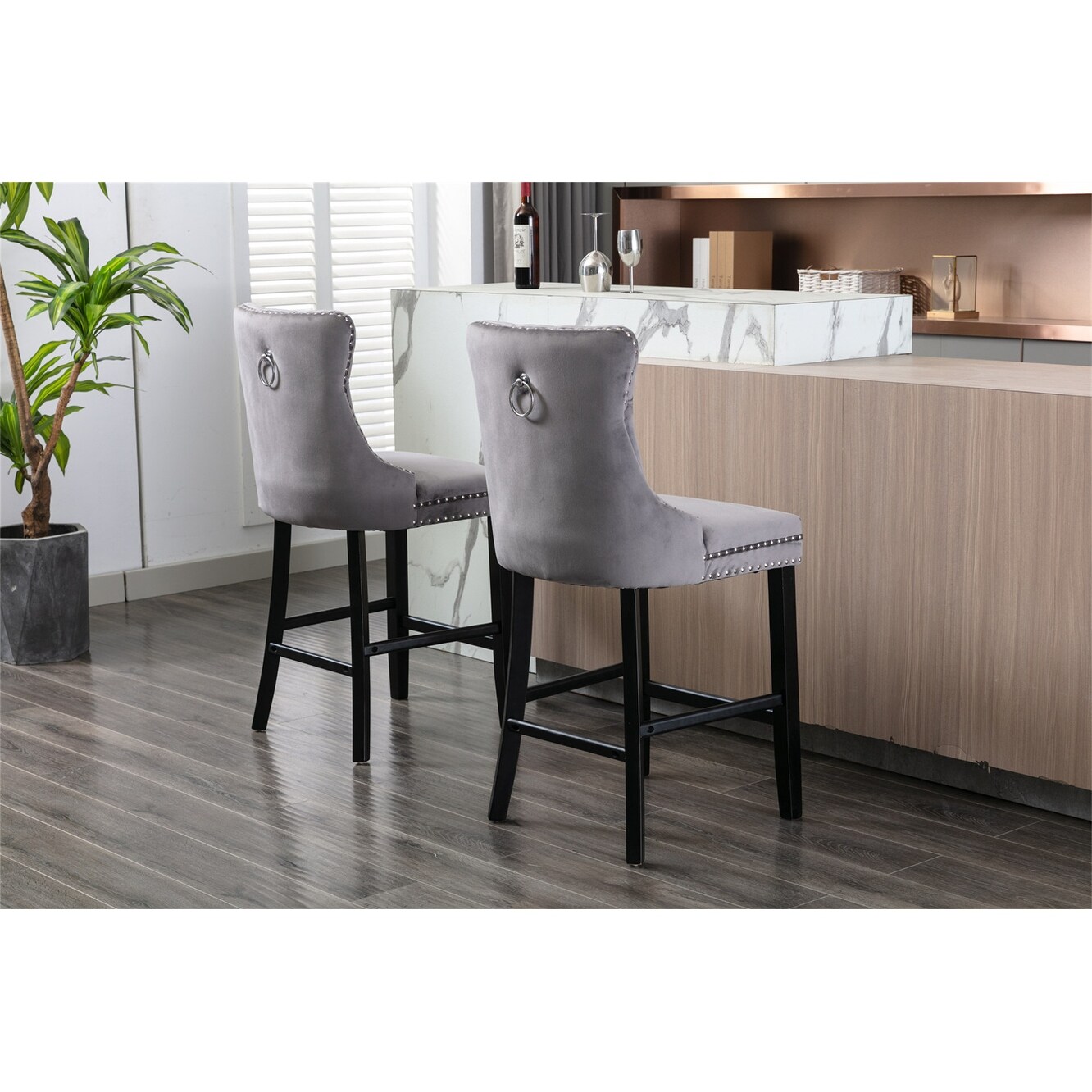 Grey velvet bar online stools with chrome legs