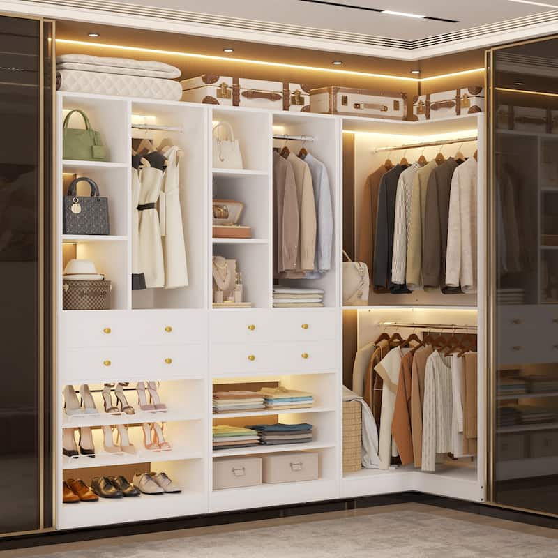 Set of 2/ 3 Coner Closet System with Shoe Racks and Drawers, Freestanding Closet Organizer with Hanging Rods and Shelves - White - Set of 3