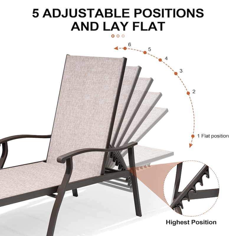 Outdoor Recliner All Weather Aluminum Adjustable Chaise Lounge Chair with Arms - See Picture