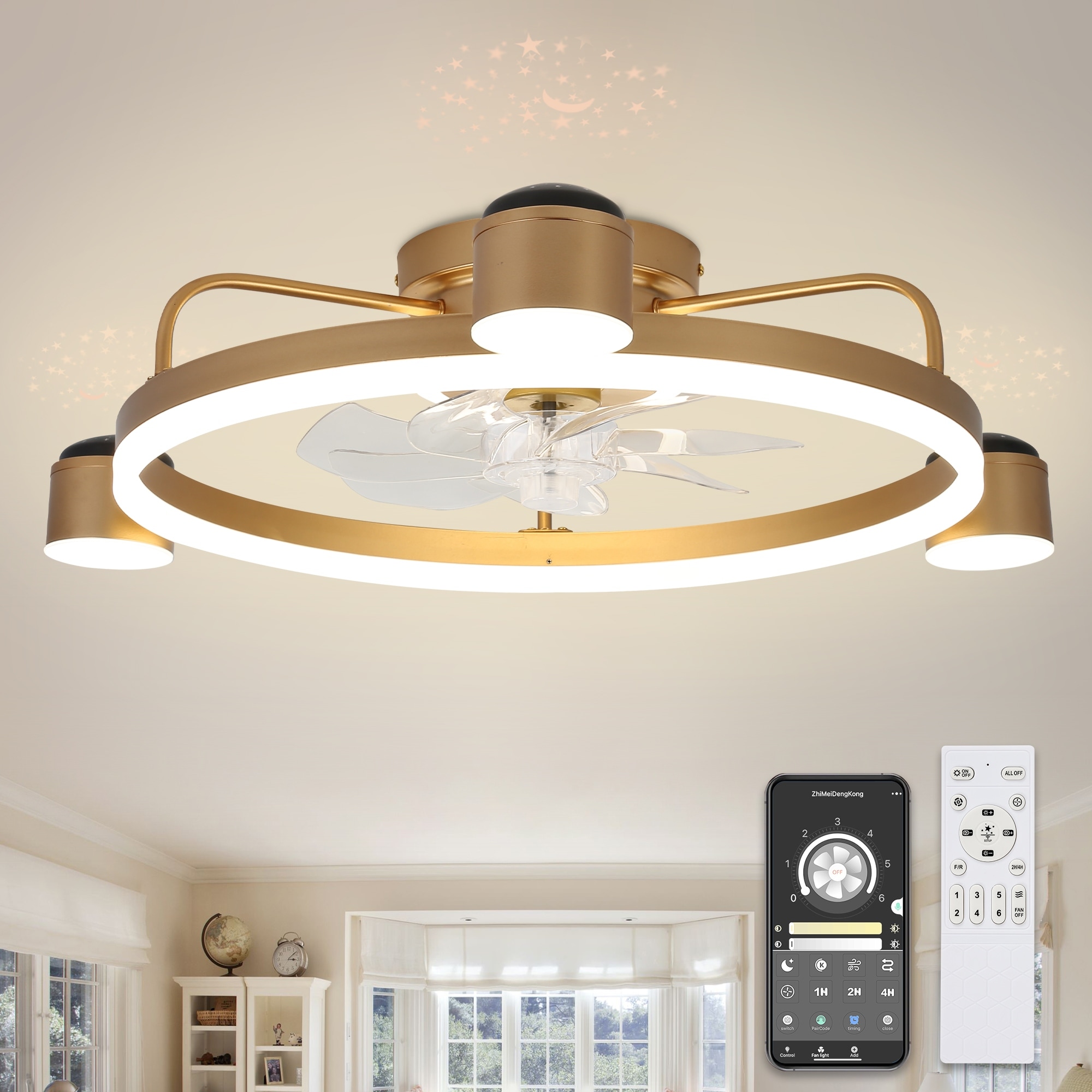 Bella Depot 3-Light Flush Mount Ceiling Fan with Dimmable LED Light and Remote APP Control for Children