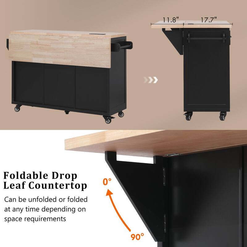 56.5'' Rubber Wood Kitchen Island with Drop Leaf, Power Outlet, Rolling Wheels, 5 Deep Drawers and Adjustable Shelves