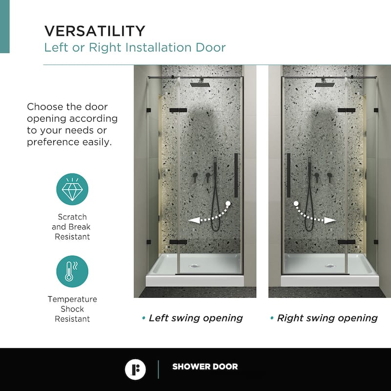 Fine Fixtures Hinged Clear Frameless Glass Shower Door Enclosure