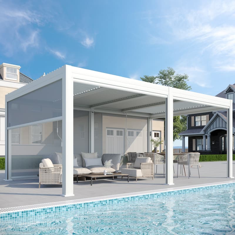 EROMMY Outdoor Louvered Pergola Gazebo with Adjustable Aluminum Rainproof Roof and Pull-Down Screen