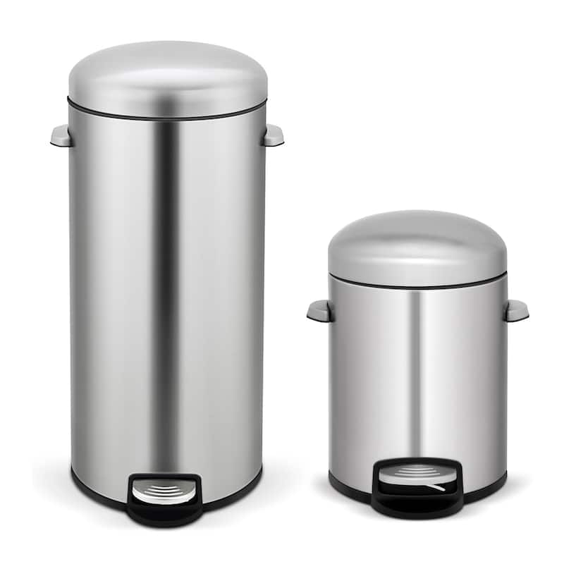 Innovaze 8 Gal./30 Liter and 1.3 Gal./5 Liter Stainless Steel Step-on Trash Can Set for Kitchen and Bathroom