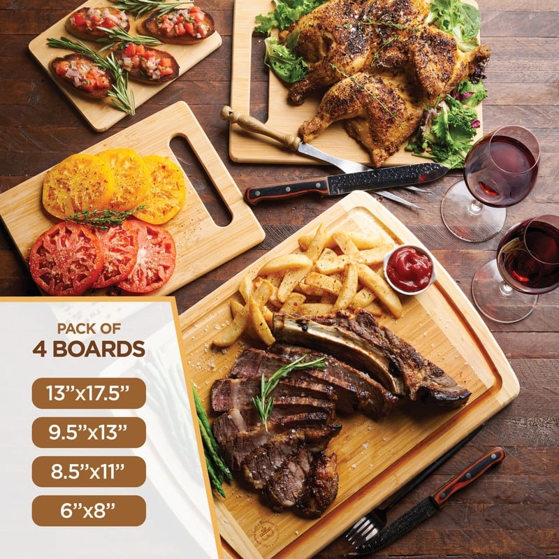 Bambusi EcoFriendly Chopping / Cutting Boards Set of 4 w/ Drip Groove