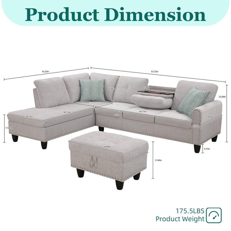 HOMEFUN Linen/Leather Upholstered L-Shaped 4-seater Multifunctional Sectional Sofa with Storage Ottoman,Cup Holder