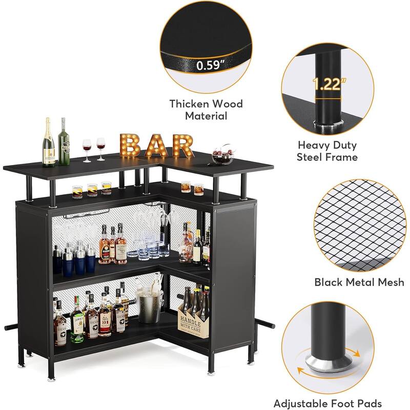 36" x 48" L-Shaped Home Bar Unit with Footrest 2-Tier Glass Shelves, Black