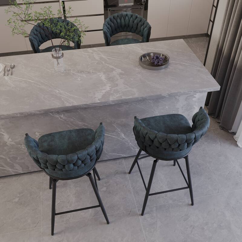 Suede Woven Bar Stool Set of 4, No Adjustable Kitchen Island Chairs,360 Swivel Upholstered Counter Stool with Back Footrest