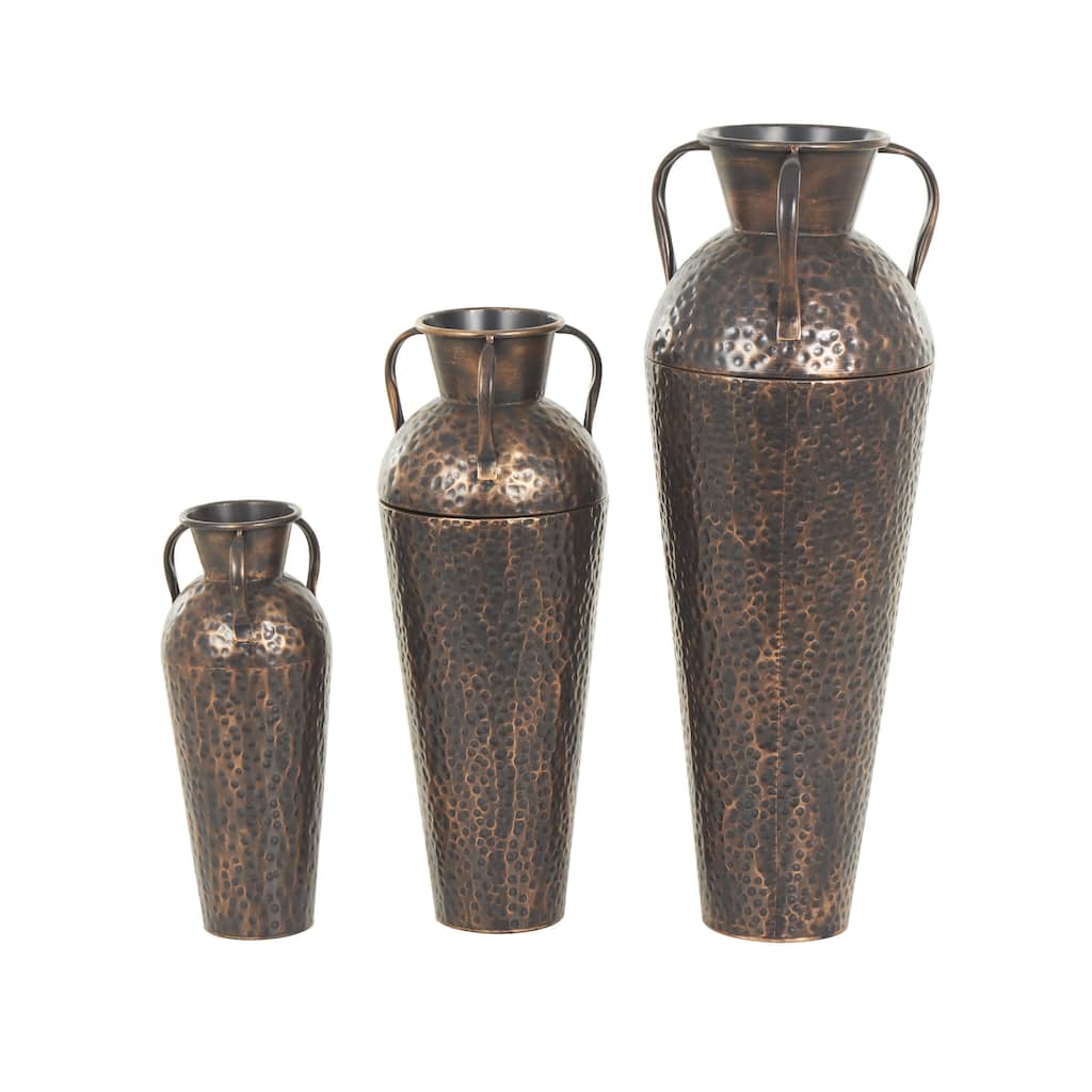 Metal Tall Floor Weathered Amphora Vase with Hammered Details and Handles - Set of 3 Copper - Roche River Decor