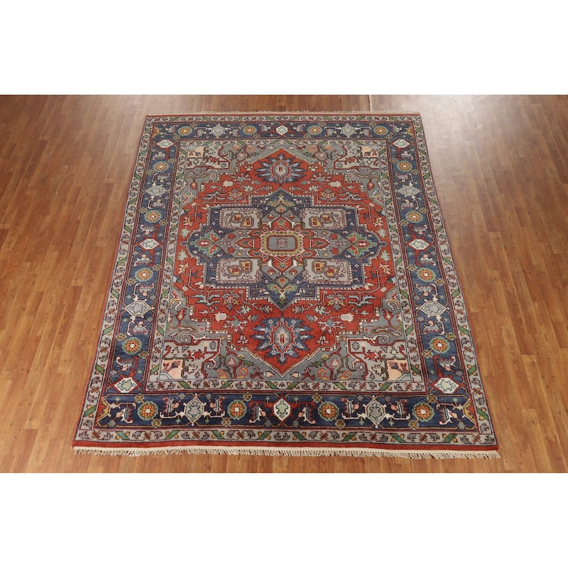 Geometric Heriz Serapi Indian Area Rug Hand-Knotted Orange Wool Carpet - 7'10" x 9'8"