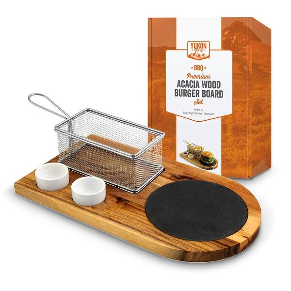 Yukon Glory Burger Serving Set Acacia Wood Board With Slate Stainless